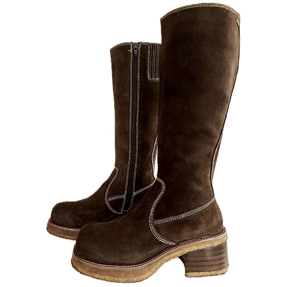 SOLD FRYE Vintage Rebel Zip Platform Chunky Square Toe Tall Brown Leather Boots - Picture 2 of 6